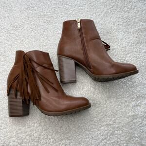 Bella Marie Fringe Brown Faux Leather Ankle Boots 7